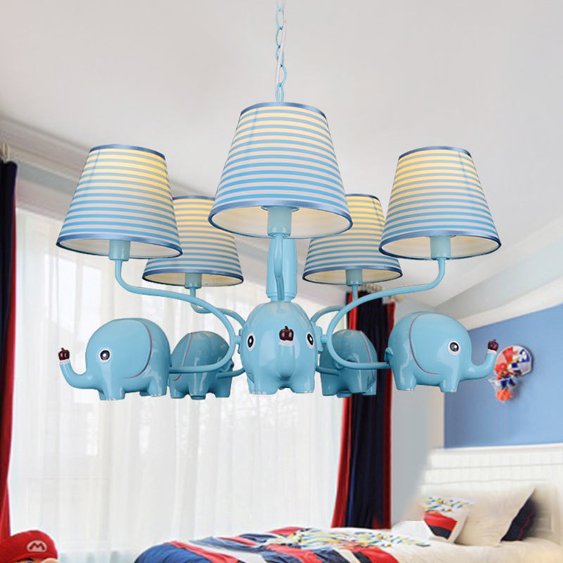 Baby Elephant 5-Head Resin Chandelier With Stripe Shade - Perfect For Kindergarten