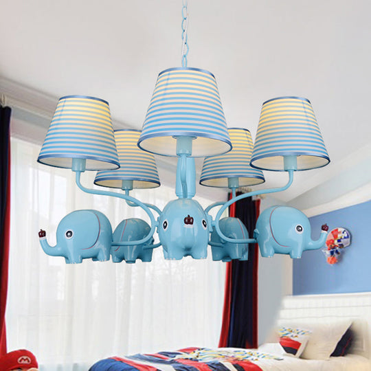 Baby Elephant 5-Head Resin Chandelier With Stripe Shade - Perfect For Kindergarten Blue