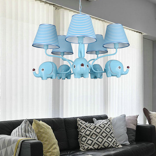 Baby Elephant 5-Head Resin Chandelier With Stripe Shade - Perfect For Kindergarten