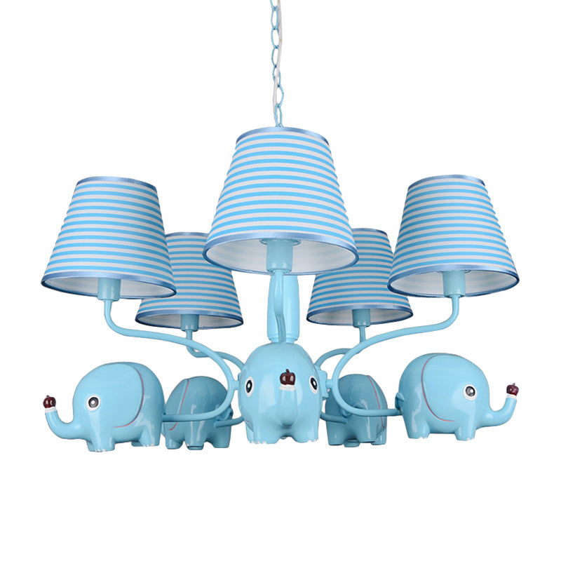 Baby Elephant 5-Head Resin Chandelier With Stripe Shade - Perfect For Kindergarten