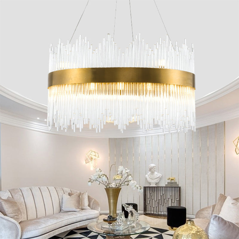 LED Brass Chandelier Light Fixture - Round Crystal Rod Suspension, Waterfall Design - 25.5"/31.5