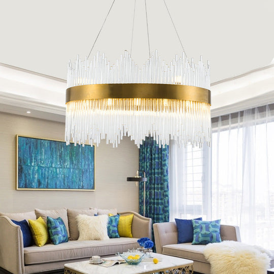 LED Brass Chandelier Light Fixture - Round Crystal Rod Suspension, Waterfall Design - 25.5"/31.5