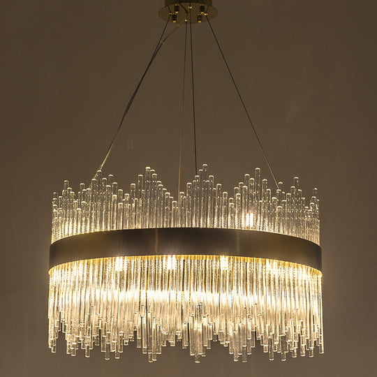 LED Brass Chandelier Light Fixture - Round Crystal Rod Suspension, Waterfall Design - 25.5"/31.5