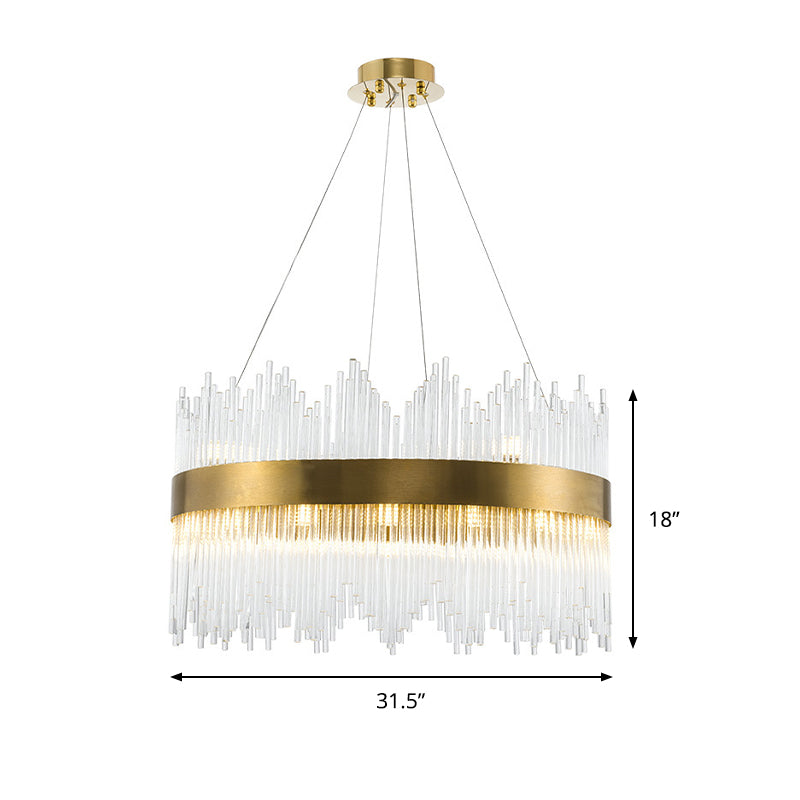 LED Brass Chandelier Light Fixture - Round Crystal Rod Suspension, Waterfall Design - 25.5"/31.5