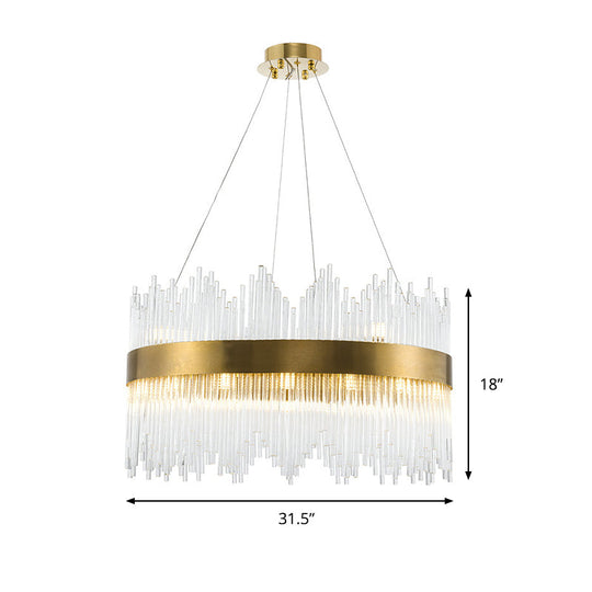 LED Brass Chandelier Light Fixture - Round Crystal Rod Suspension, Waterfall Design - 25.5"/31.5