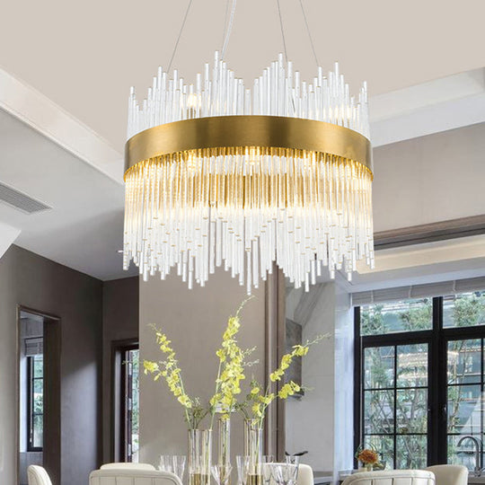 LED Brass Chandelier Light Fixture - Round Crystal Rod Suspension, Waterfall Design - 25.5"/31.5