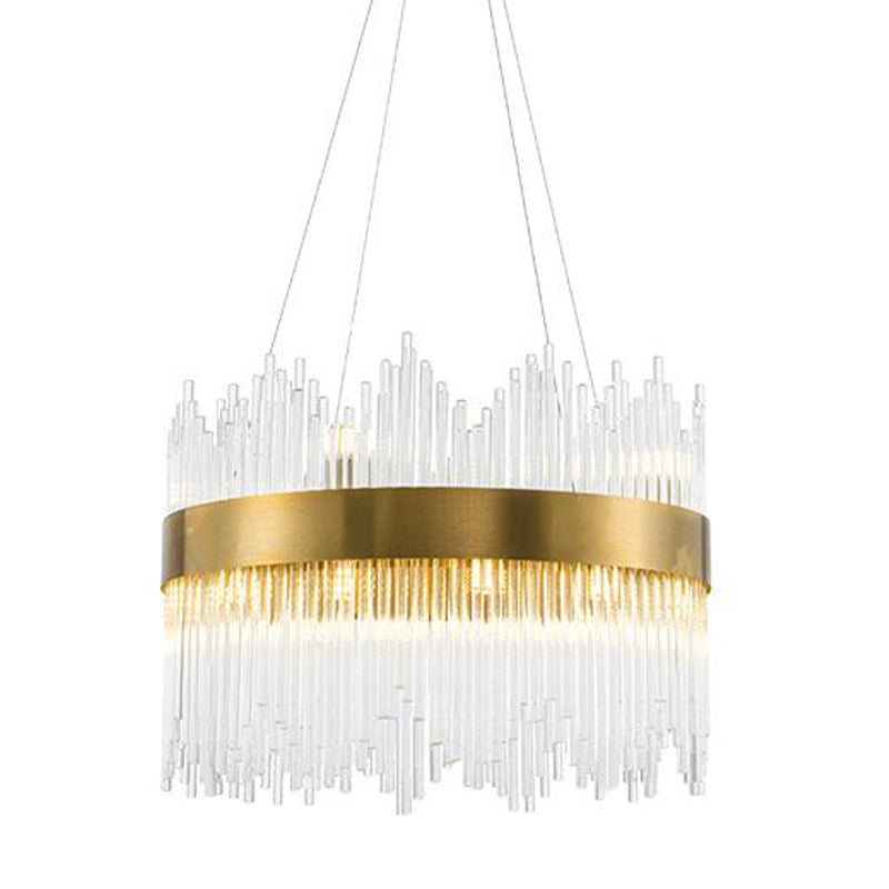 LED Brass Chandelier Light Fixture - Round Crystal Rod Suspension, Waterfall Design - 25.5"/31.5