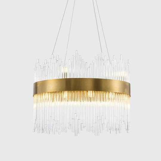 LED Brass Chandelier Light Fixture - Round Crystal Rod Suspension, Waterfall Design - 25.5"/31.5