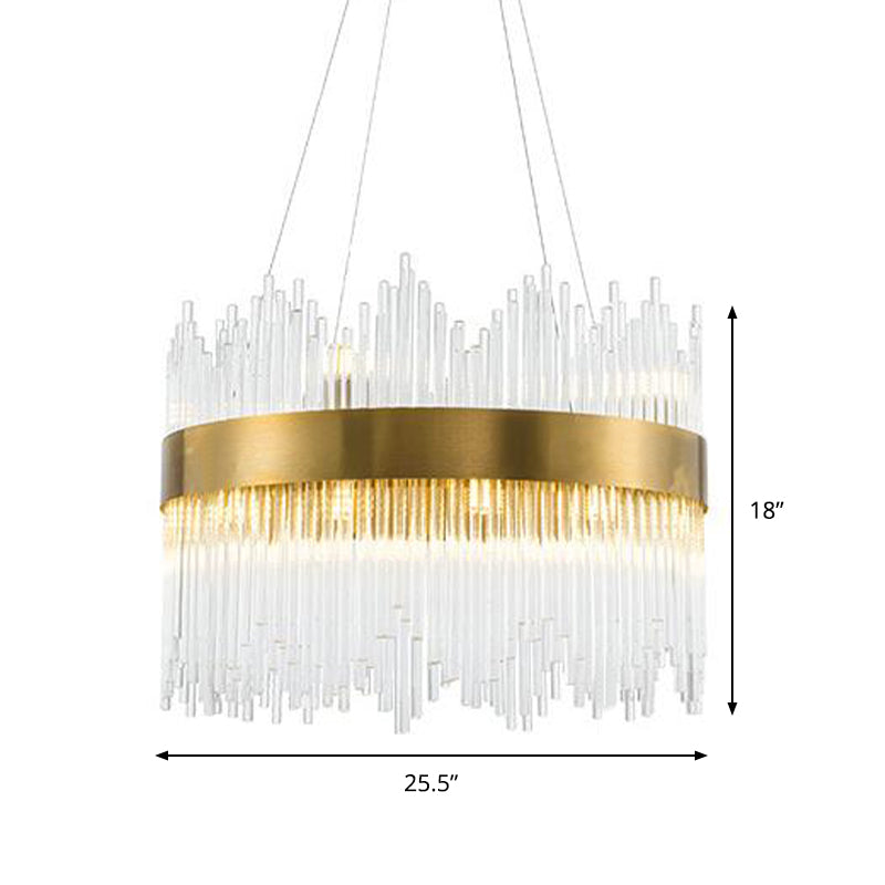 LED Brass Chandelier Light Fixture - Round Crystal Rod Suspension, Waterfall Design - 25.5"/31.5