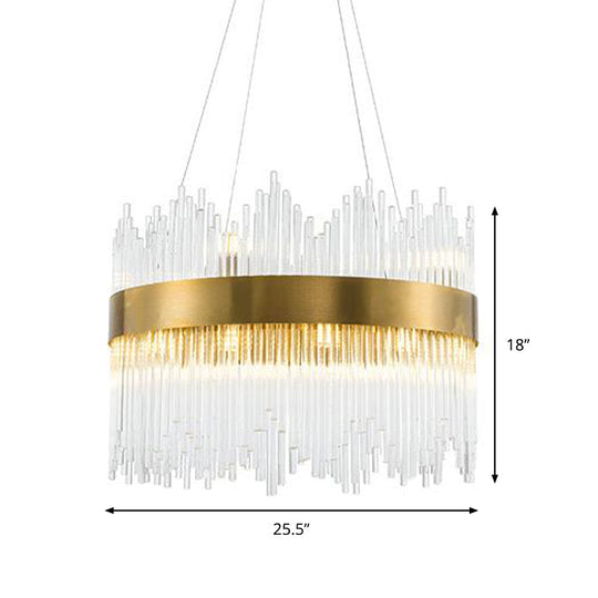 LED Brass Chandelier Light Fixture - Round Crystal Rod Suspension, Waterfall Design - 25.5"/31.5