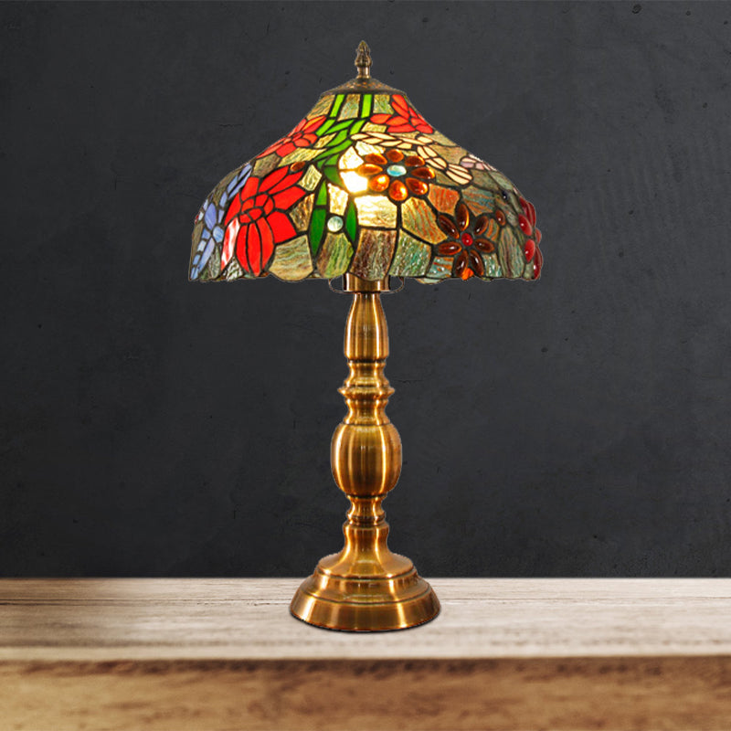 Traditional Cut Glass Bowl Task Lighting: Brass Night Table Light With Floral Bird Pattern