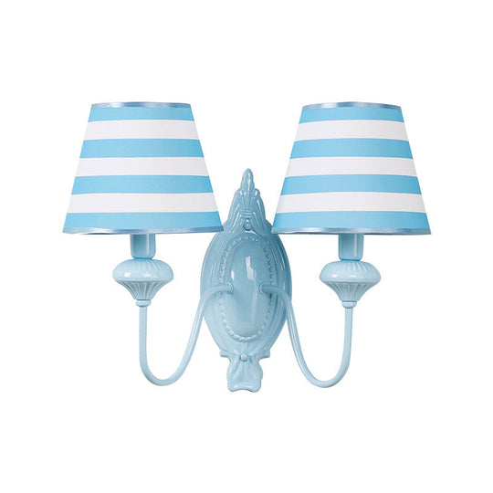 Blue Kids Wall Lamp With Tapered Shade For Study Room - 2 Heads Fabric & Metal Design