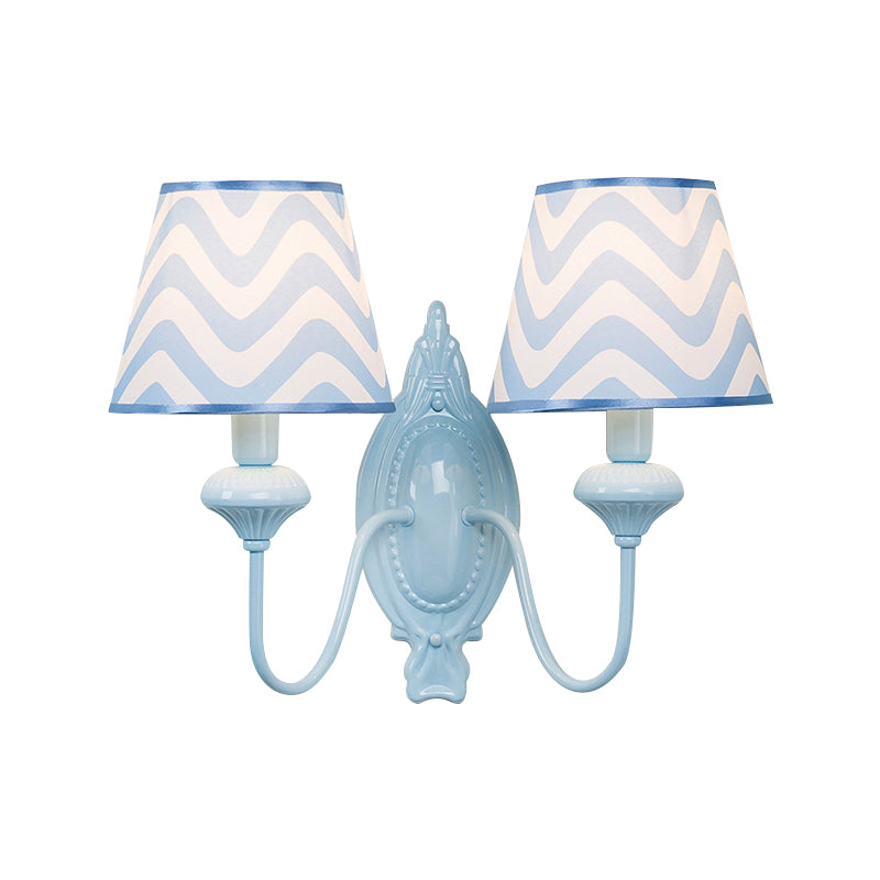 Blue Kids Wall Lamp With Tapered Shade For Study Room - 2 Heads Fabric & Metal Design