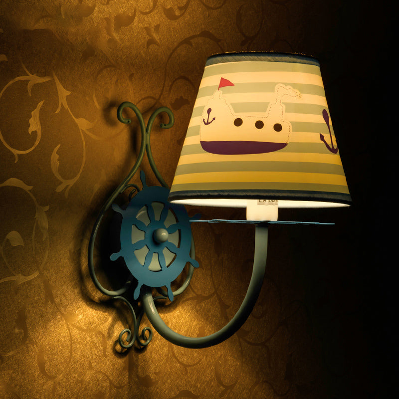 Nautical Ship Wall Light With Rudder | Blue 1-Bulb Sconce For Kids Bedroom