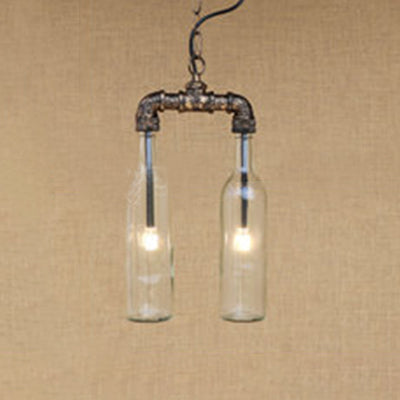 Farmhouse 2-Light Chandelier Pendant with Amber/Blue Glass Shades and Pipe Design