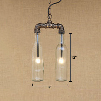 Farmhouse 2-Light Chandelier Pendant with Amber/Blue Glass Shades and Pipe Design