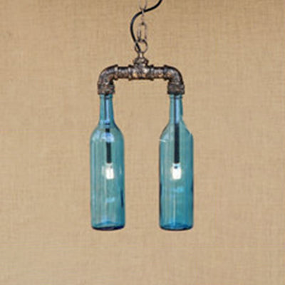 Farmhouse 2-Light Chandelier Pendant with Amber/Blue Glass Shades and Pipe Design