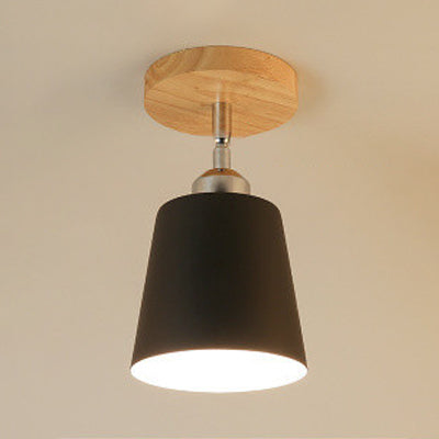 Nordic Semi-Flush Mount Ceiling Light with Tapered Shade in Black/White – 1 Bulb, Wooden Canopy