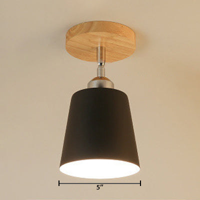 Nordic Semi-Flush Mount Ceiling Light with Tapered Shade in Black/White – 1 Bulb, Wooden Canopy