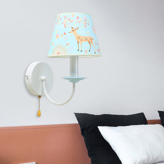 Sika Deer Wall Light: Adorable Animal Sconce For Girls Bedroom - 1 Light Blue Fabric With Pull Chain