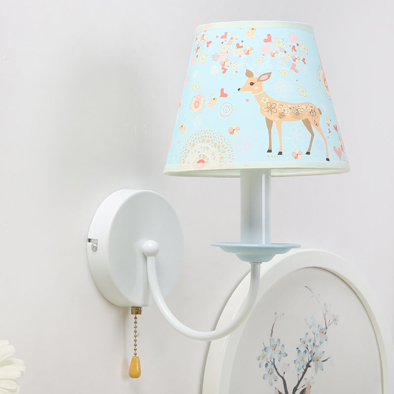 Sika Deer Wall Light: Adorable Animal Sconce For Girls Bedroom - 1 Light Blue Fabric With Pull Chain