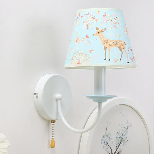 Sika Deer Wall Light: Adorable Animal Sconce For Girls Bedroom - 1 Light Blue Fabric With Pull Chain