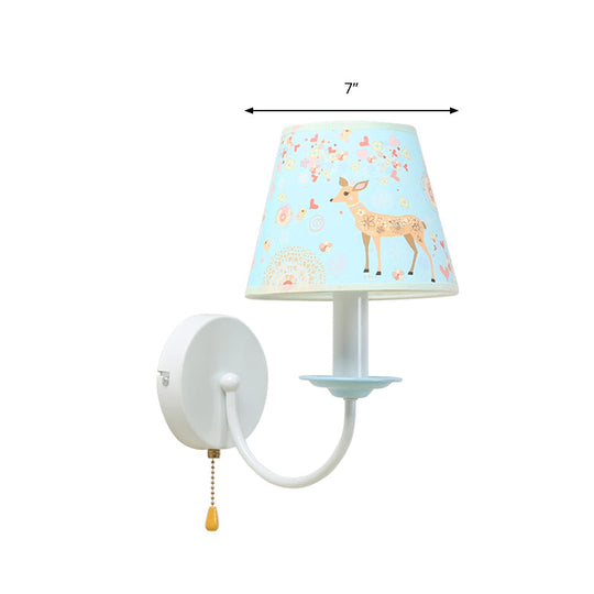 Sika Deer Wall Light: Adorable Animal Sconce For Girls Bedroom - 1 Light Blue Fabric With Pull Chain