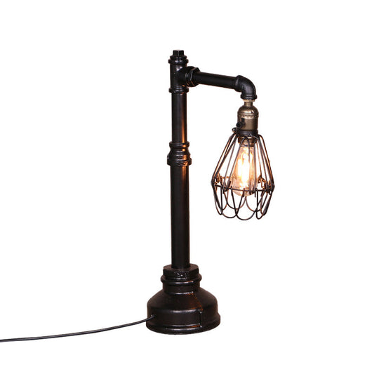 Rustic Wire Frame Table Lamp With Stylish Plumbing Pipe - Black Finish