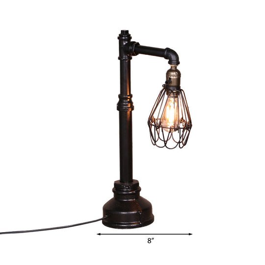 Rustic Wire Frame Table Lamp With Stylish Plumbing Pipe - Black Finish