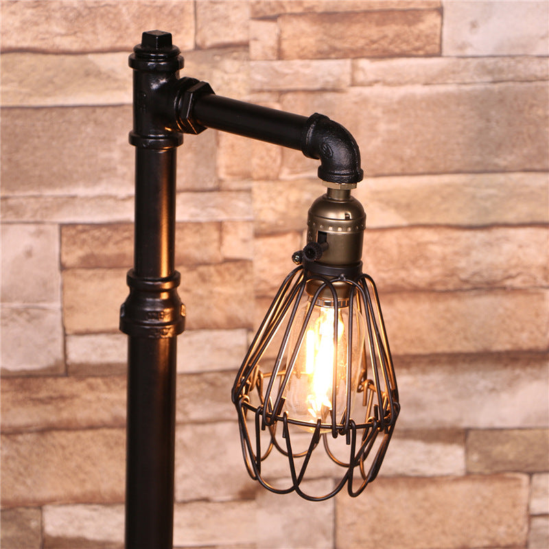 Rustic Wire Frame Table Lamp With Stylish Plumbing Pipe - Black Finish