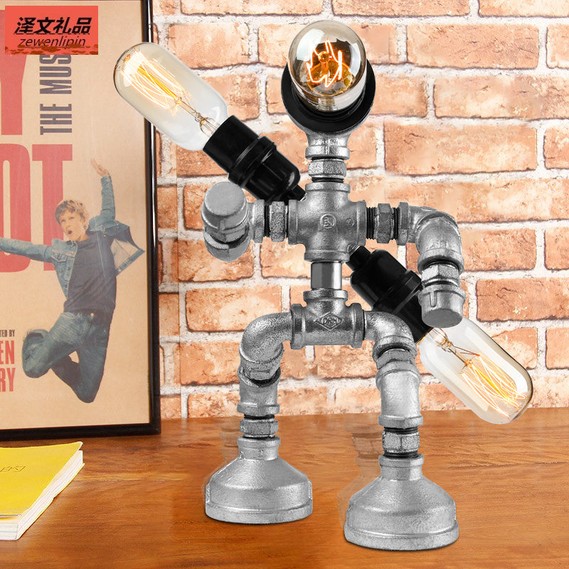 Industrial Wrought Iron Robot Design Table Lamp - Water Pipe 1/3-Bulb Bedroom Standing Light