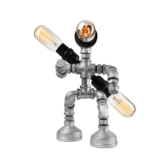 Industrial Wrought Iron Robot Design Table Lamp - Water Pipe 1/3-Bulb Bedroom Standing Light