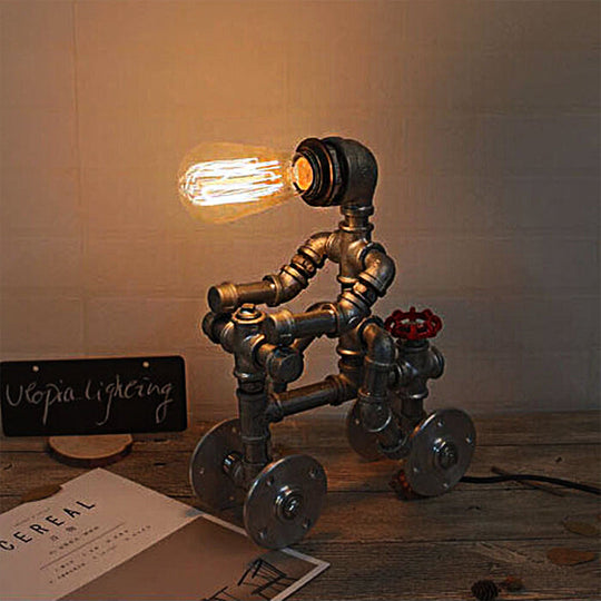 Industrial Wrought Iron Robot Design Table Lamp - Water Pipe 1/3-Bulb Bedroom Standing Light