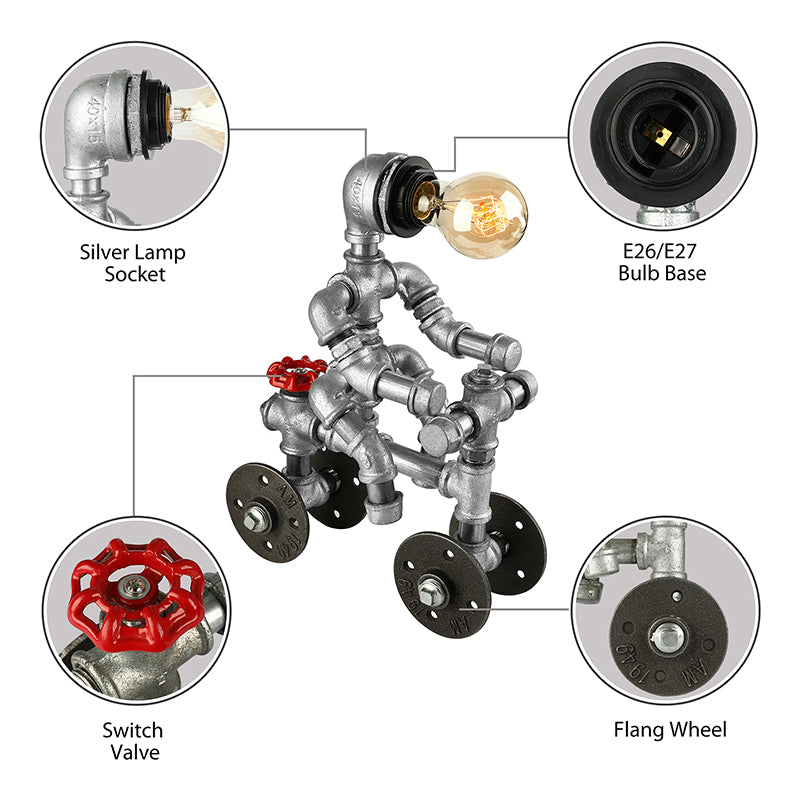 Industrial Wrought Iron Robot Design Table Lamp - Water Pipe 1/3-Bulb Bedroom Standing Light