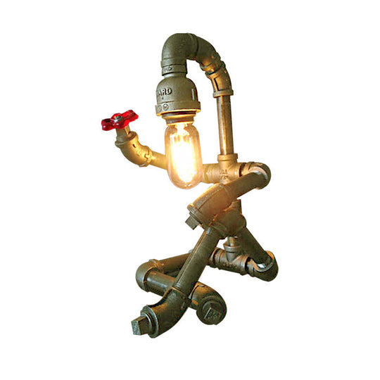 Industrial 1-Light Bedroom Table Lamp With Metallic Plumbing Pipe And Valve In Antique Brass/Bronze