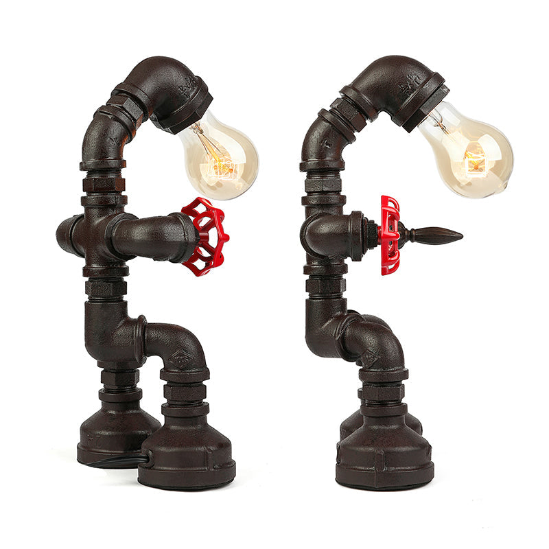 Industrial 1-Light Bedroom Table Lamp With Metallic Plumbing Pipe And Valve In Antique Brass/Bronze