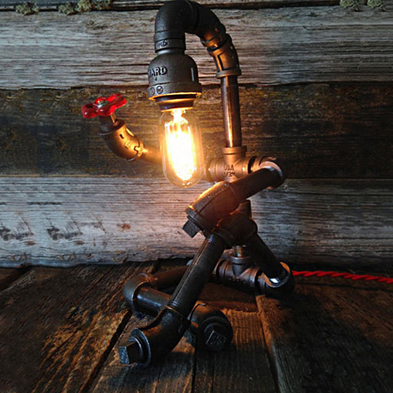 Industrial 1-Light Bedroom Table Lamp With Metallic Plumbing Pipe And Valve In Antique Brass/Bronze