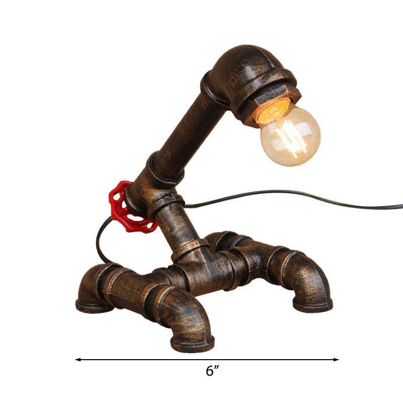 Bronze Steampunk Exposed Bulb Table Light With Pipe-Like Base - 1 Head Wrought Iron Standing Lamp