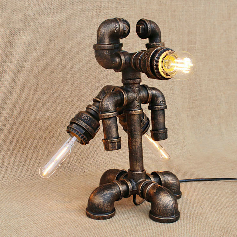 Bronze Steampunk Exposed Bulb Table Light With Pipe-Like Base - 1 Head Wrought Iron Standing Lamp /