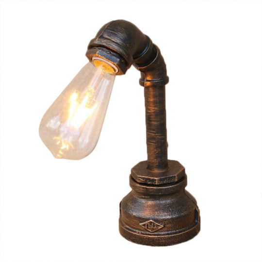 Rustic Iron Table Lamp With Antique Bronze Finish - Exposed Bulb Bedroom Lighting Pipe Design