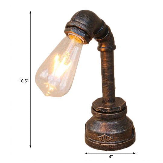 Rustic Iron Table Lamp With Antique Bronze Finish - Exposed Bulb Bedroom Lighting Pipe Design