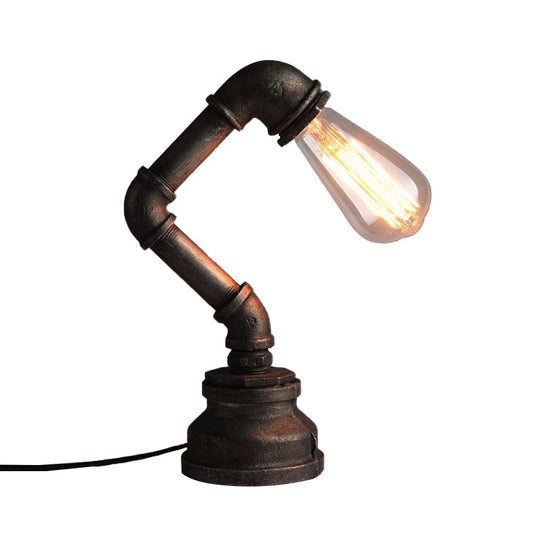 Industrial Water Pipe Table Light With Exposed Bulb - Wrought Iron Mini Standing Lamp In Bronze