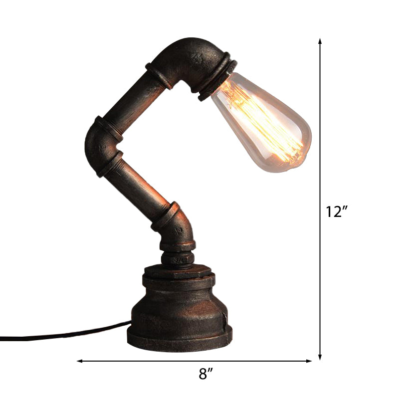 Industrial Water Pipe Table Light With Exposed Bulb - Wrought Iron Mini Standing Lamp In Bronze