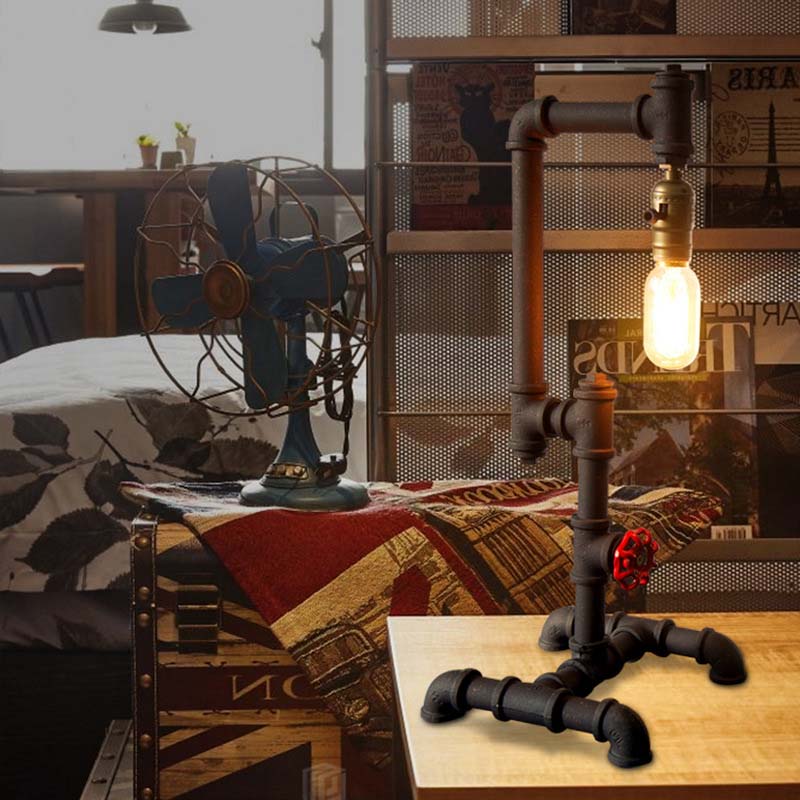 Industrial Style Metallic Table Light With Red Valve: 1-Light Standing Pipe Design In Dark Rust For