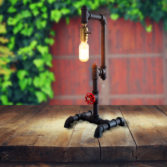 Industrial Style Metallic Table Light With Red Valve: 1-Light Standing Pipe Design In Dark Rust For