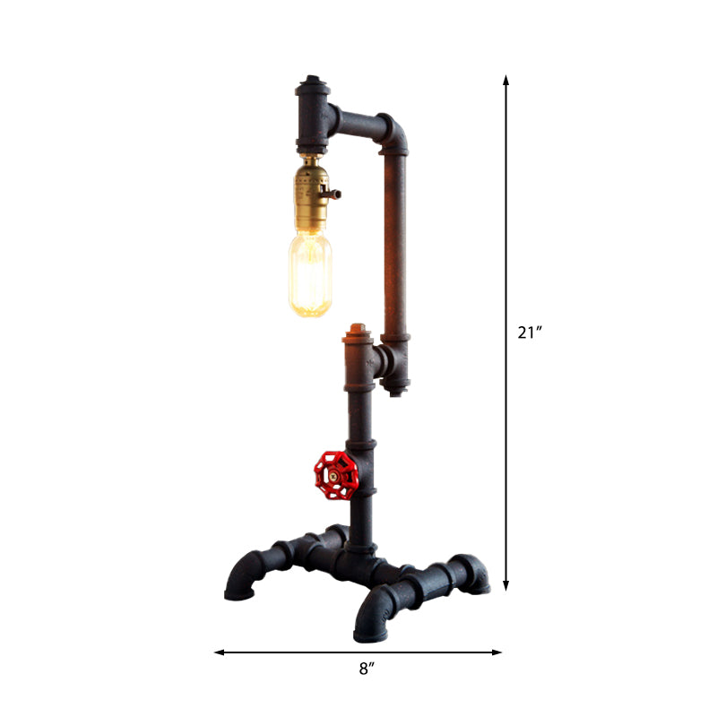 Industrial Style Metallic Table Light With Red Valve: 1-Light Standing Pipe Design In Dark Rust For