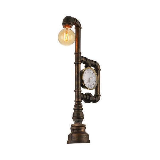 Rustic Wrought Iron Water Pipe Table Lamp With Clock - Brass 1 Head Light