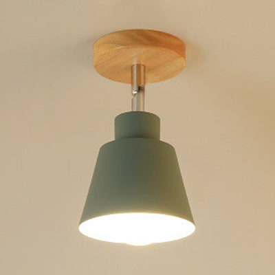 Sleek Conic Bedroom Pendant Light: Contemporary Metal, Gray/Pink Ceiling Lighting with Wooden Canopy