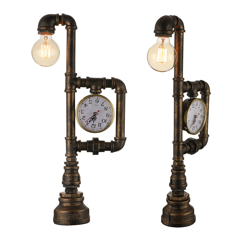 Rustic Wrought Iron Water Pipe Table Lamp With Clock - Brass 1 Head Light