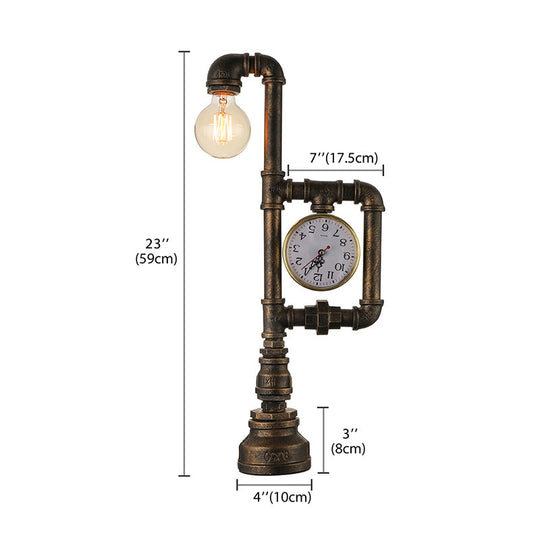 Rustic Wrought Iron Water Pipe Table Lamp With Clock - Brass 1 Head Light